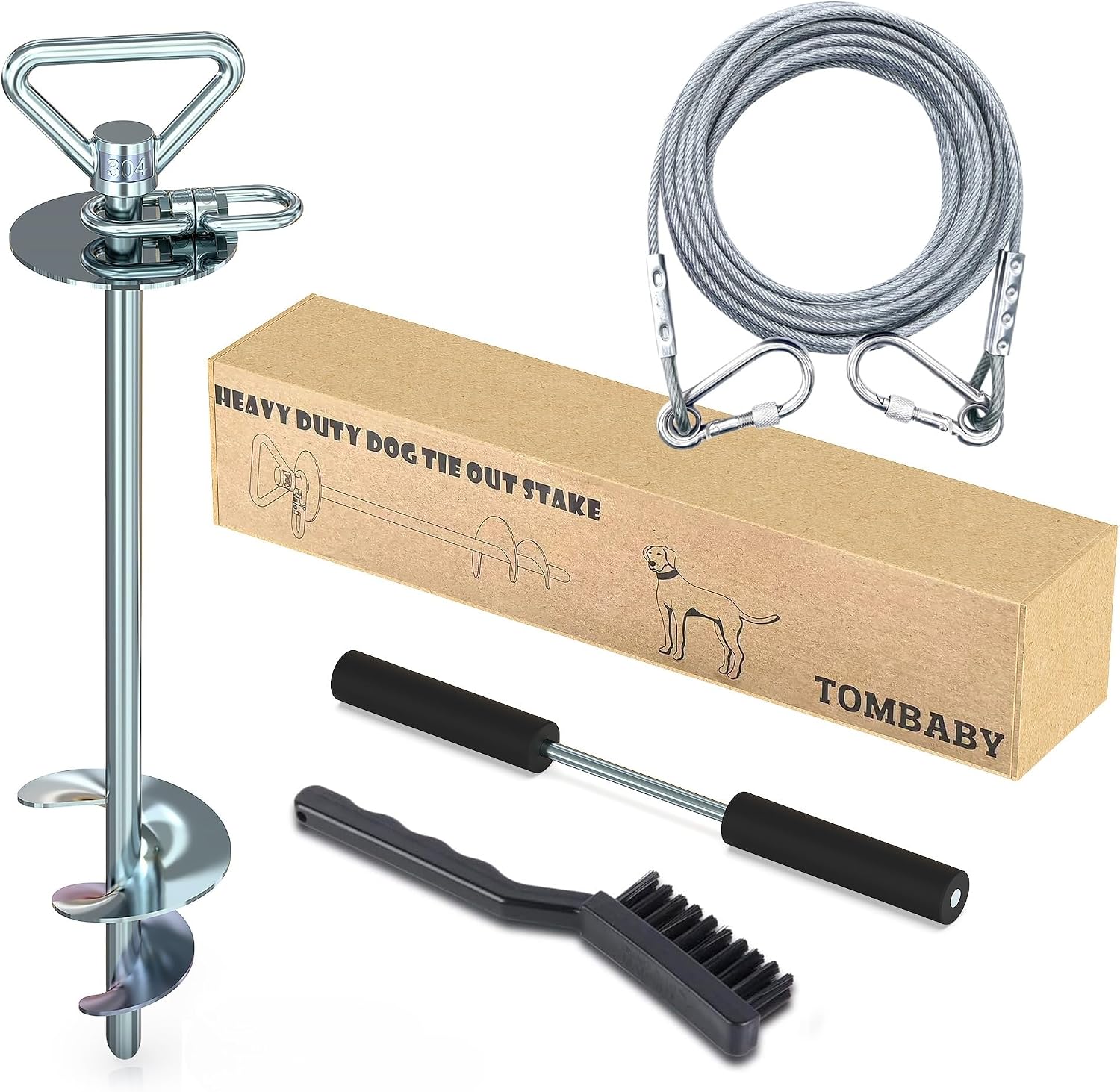 TOMBABY Dog Tie Out Cable and Stake,with 30FT Heavy Duty Cable,360° Swivel Dog Anchor& Anti-Tangle,Dog Runner for Yard,Dog Stake Allows Dogs Up to 150 lbs, Dog Stakes for Outside Beach,Camping, Yard