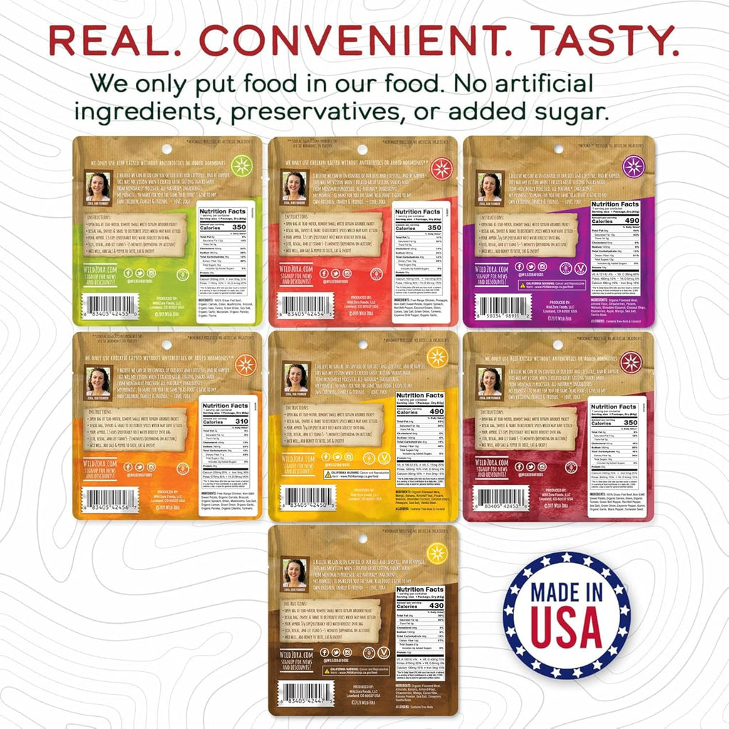 Wild Zora Paleo Freeze Dried Meals for Backpacking & Camping - Healthy Gluten Free & Grain Free Camping Meals/Backpacking Food + No Added Sugar - Includes Breakfast & Dinner Options (Variety 7-pack)