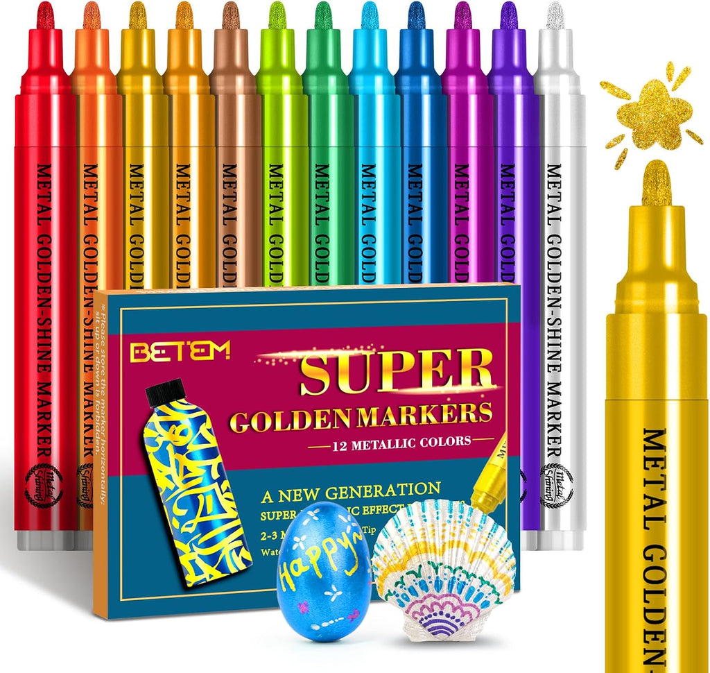 Betem 12 Super Golden Metallic Paint Marker, 2-3mm Tip, Scrapbook Supplies