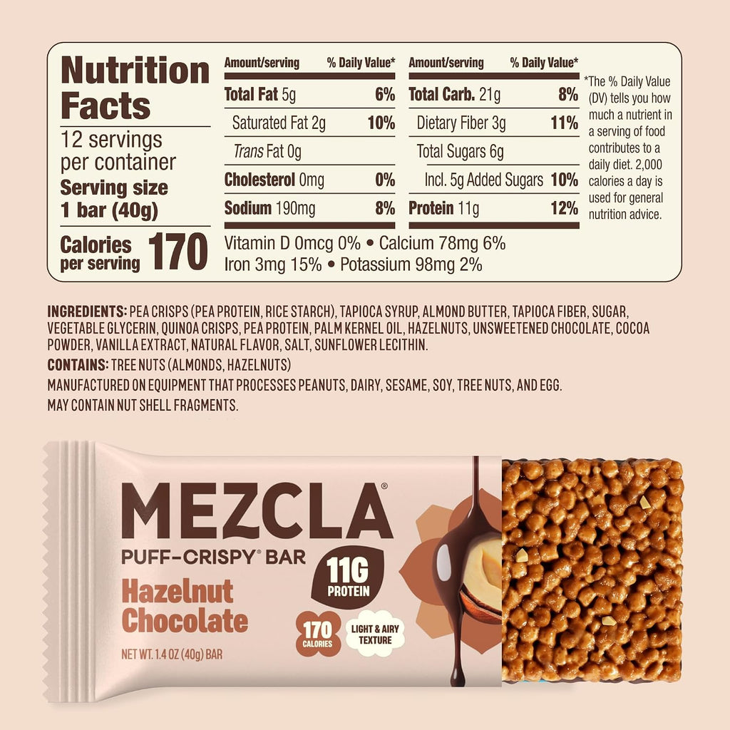 Mezcla Hazelnut Chocolate Puff Crispy Vegan Bars, 11g Protein, 12 Bars