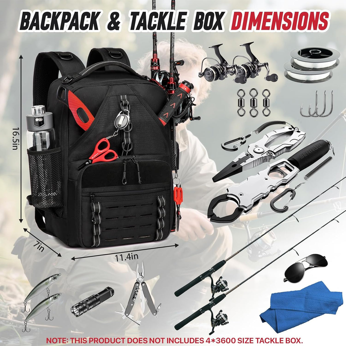 Fishing Tackle Backpack with 2 Rod Holders, Water-Resistant Fishing Gear Storage Bag, Tackle Bag for Fishing Equipment, Fisher Gifts For Men, Black