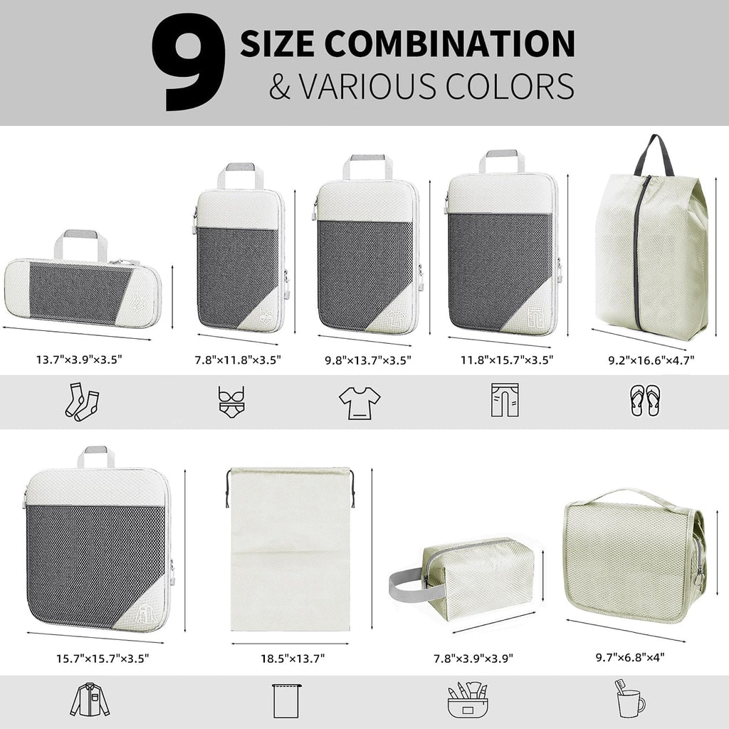 9-Set Packing Cubes with Hanging Bag | 9-Size Combination, Mesh Fabric & Reflective Stripe | Travel Luggage Organizers (Beige)