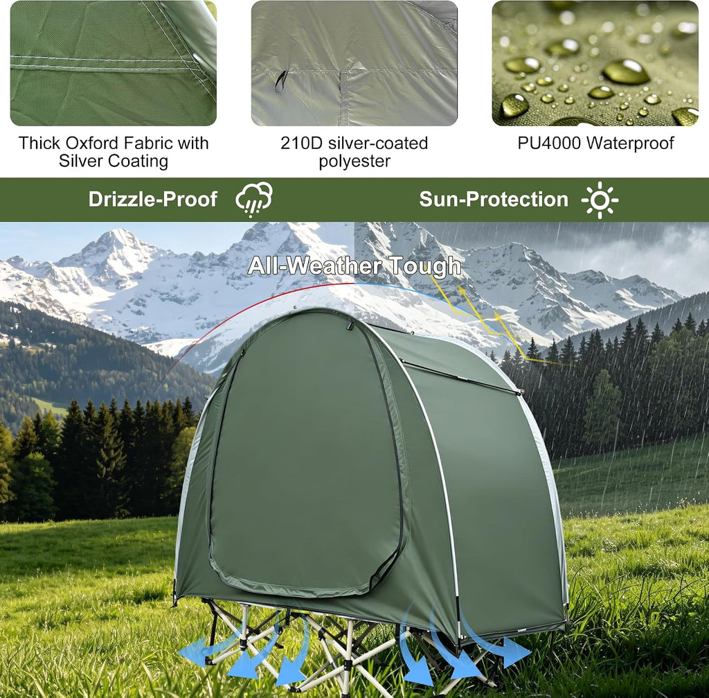 1 Person Solo Cot Tent (Bed Not Included), 210D Silver Fabric, Waterproof, Compact Portable Camping Shelter