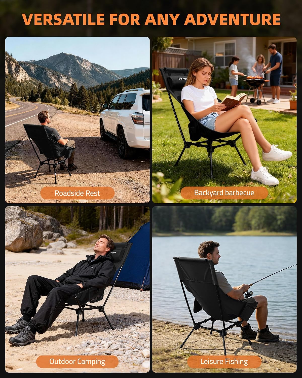 Trakiom High Back Camping Chair with Head/Neck Support Widened Seat, Black