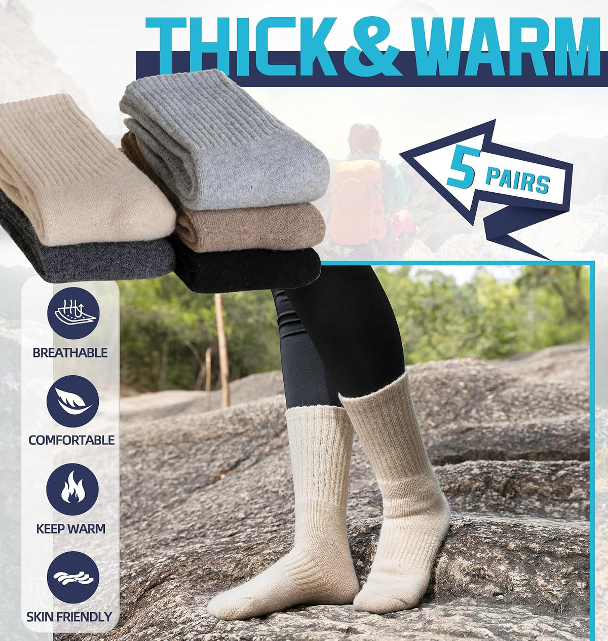DoSmart Womens Merino Wool Hiking Socks Thermal Warm Walking Boot Winter Crew Cushion Work Socks 5 Pairs