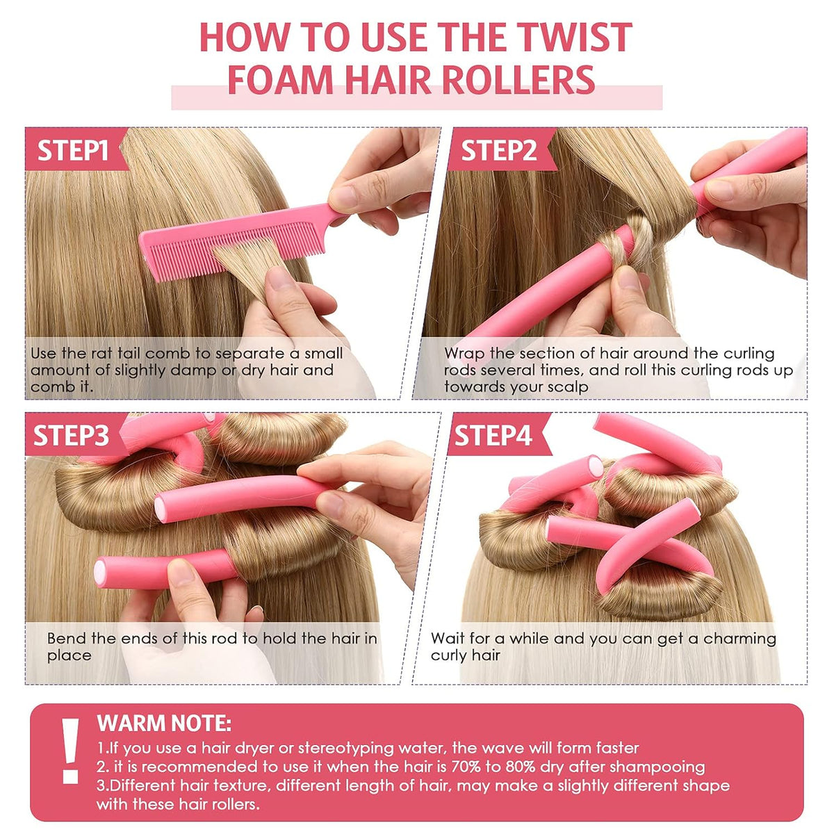 Tigeen 96 Pieces Flexible Curling Rods 9.45 Inch Soft Twist Foam Hair Curling Rollers No Heat Hair Rods Rollers with 2 Pieces Rat Tail Comb(Multi Size,Multi Color)