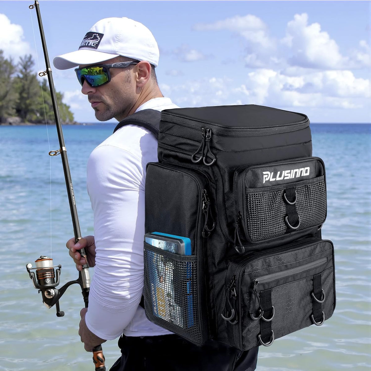 PLUSINNO Fishing Tackle Backpack with Rod Holders，42L Water-resistant Fishing Bag Store Fishing Gear,Fishing Gifts For Men.