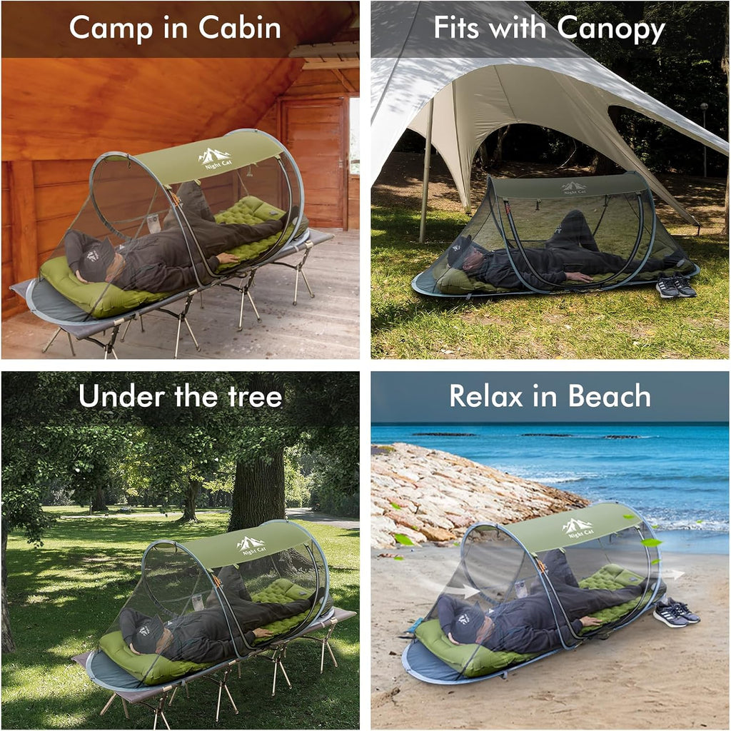 Night Cat Pop-up Mosquito Tent: 1 Person Camping Tent with Bug Screen Net Adults Fits for Camping Cot (Excluded)