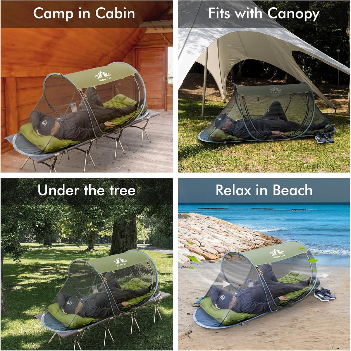 Night Cat Pop-up Mosquito Tent: 1 Person Camping Tent with Bug Screen Net Adults Fits for Camping Cot (Excluded)
