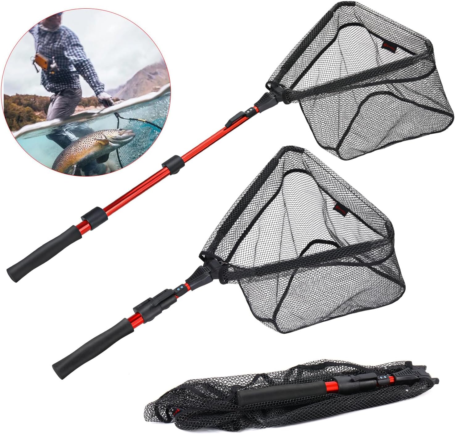 Sougayilang Fishing Net Fish Landing Net, Foldable Collapsible Telescopic Pole with EVA Handle, Durable Nylon Material Mesh, Safe Fish Catching or Releasing
