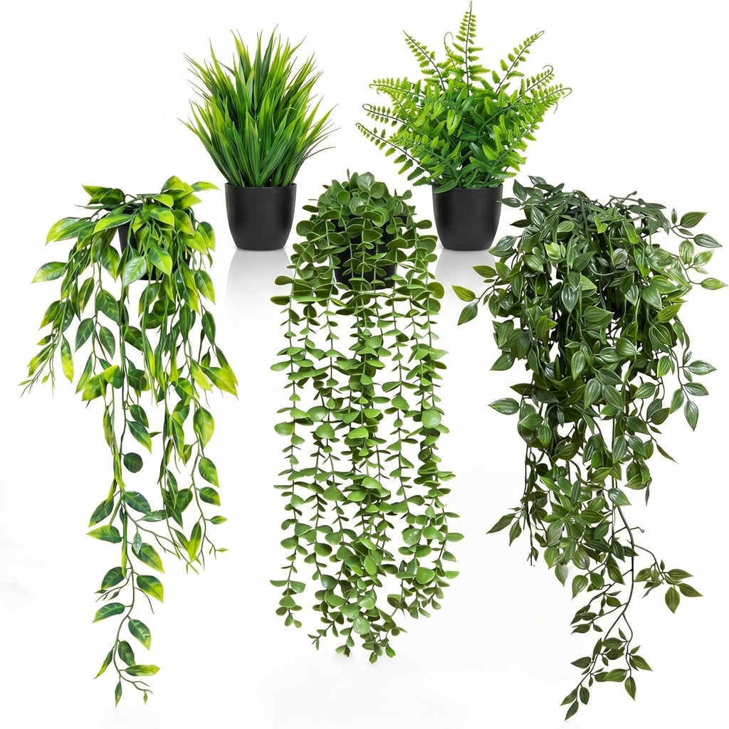 5 Pack Fake Plants - Artificial Hanging Plants & Small Potted Faux Eucalyptus Fern Ivy, UV Resistant Maintenance-Free, for Shelf Wall Desk Home Office Bathroom Indoor Outdoor Decor
