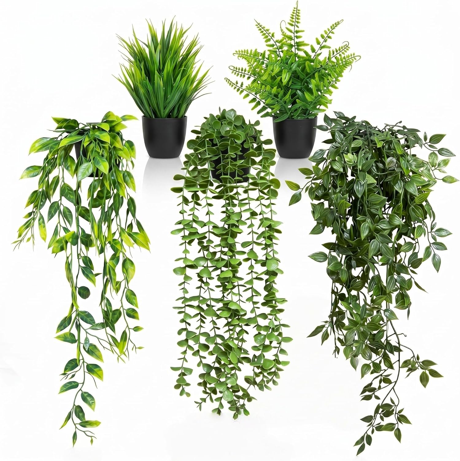 5 Pack Fake Plants - Artificial Hanging Plants & Small Potted Faux Eucalyptus Fern Ivy, UV Resistant Maintenance-Free, for Shelf Wall Desk Home Office Bathroom Indoor Outdoor Decor