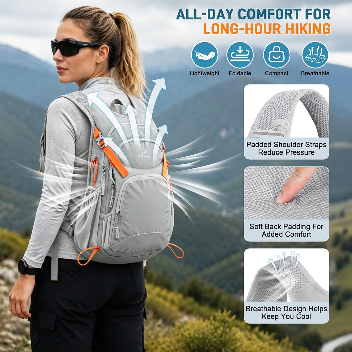 BECOJADDE 20L Hiking Backpack Lightweight Travel Backpacks Water-Resistant Daypack Fits Cycling Helmets for Men Women for Daily Outdoor Camping, Mist Gray