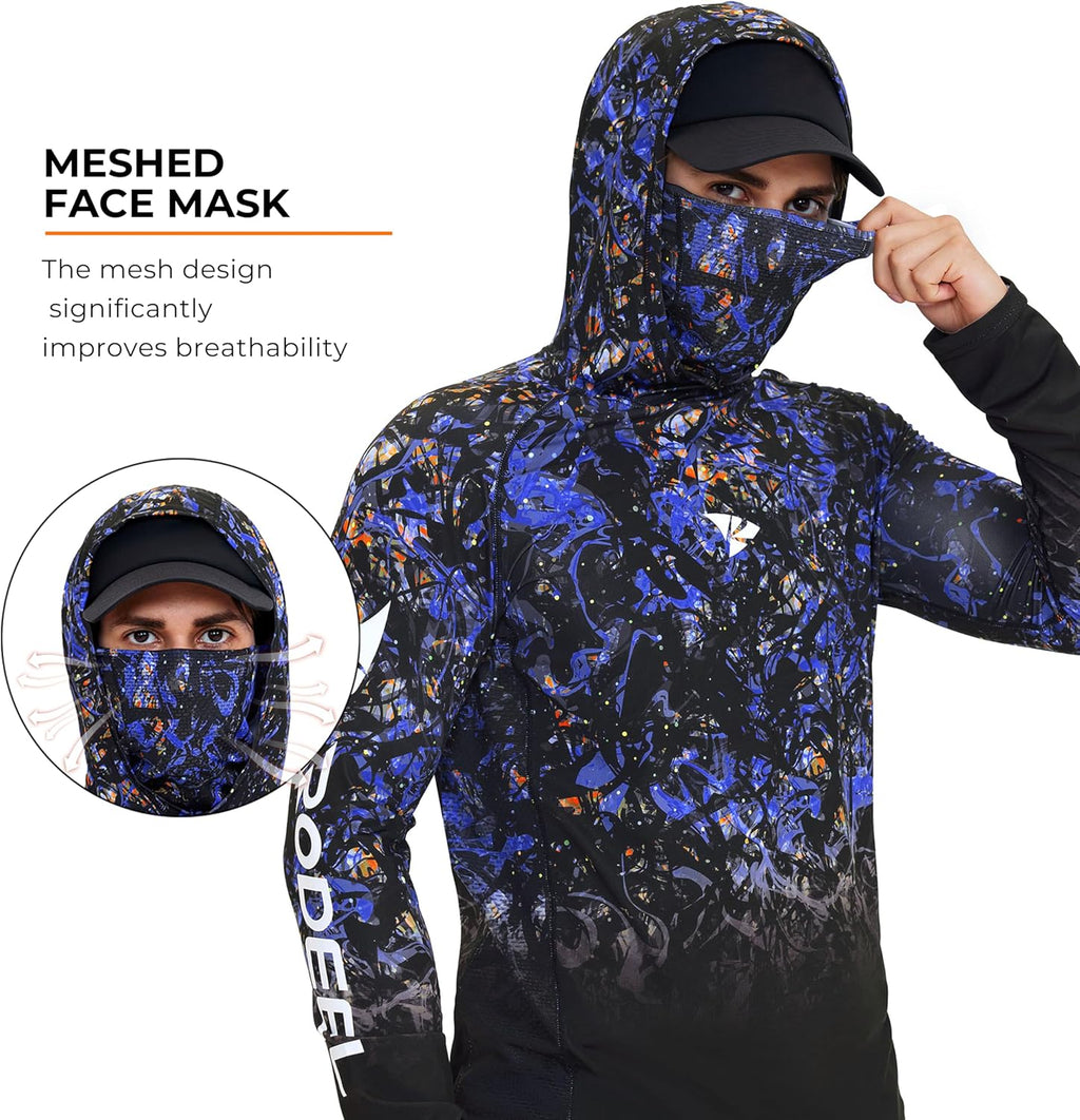 Rodeel UPF 50+ Men’s Long Sleeve Performance Fishing Hiking Shirt with Mask UV Neck Gaiter Hoodie