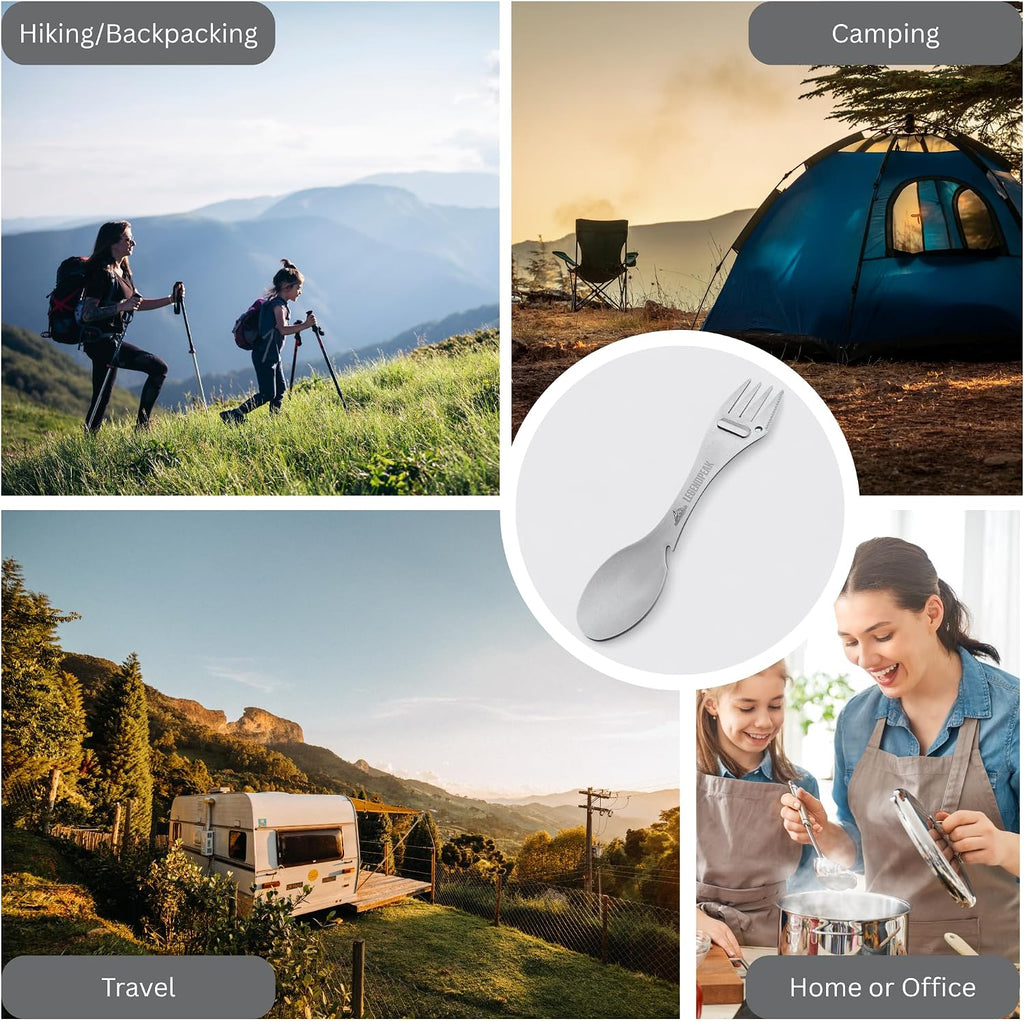 Titanium Spork 5-in-1 Camping Utensil Set 2-Pack – Ultralight Backpacking Silverware with Knife, Bottle Opener & Peeler, Includes Individual Travel Pouches & Carabiners