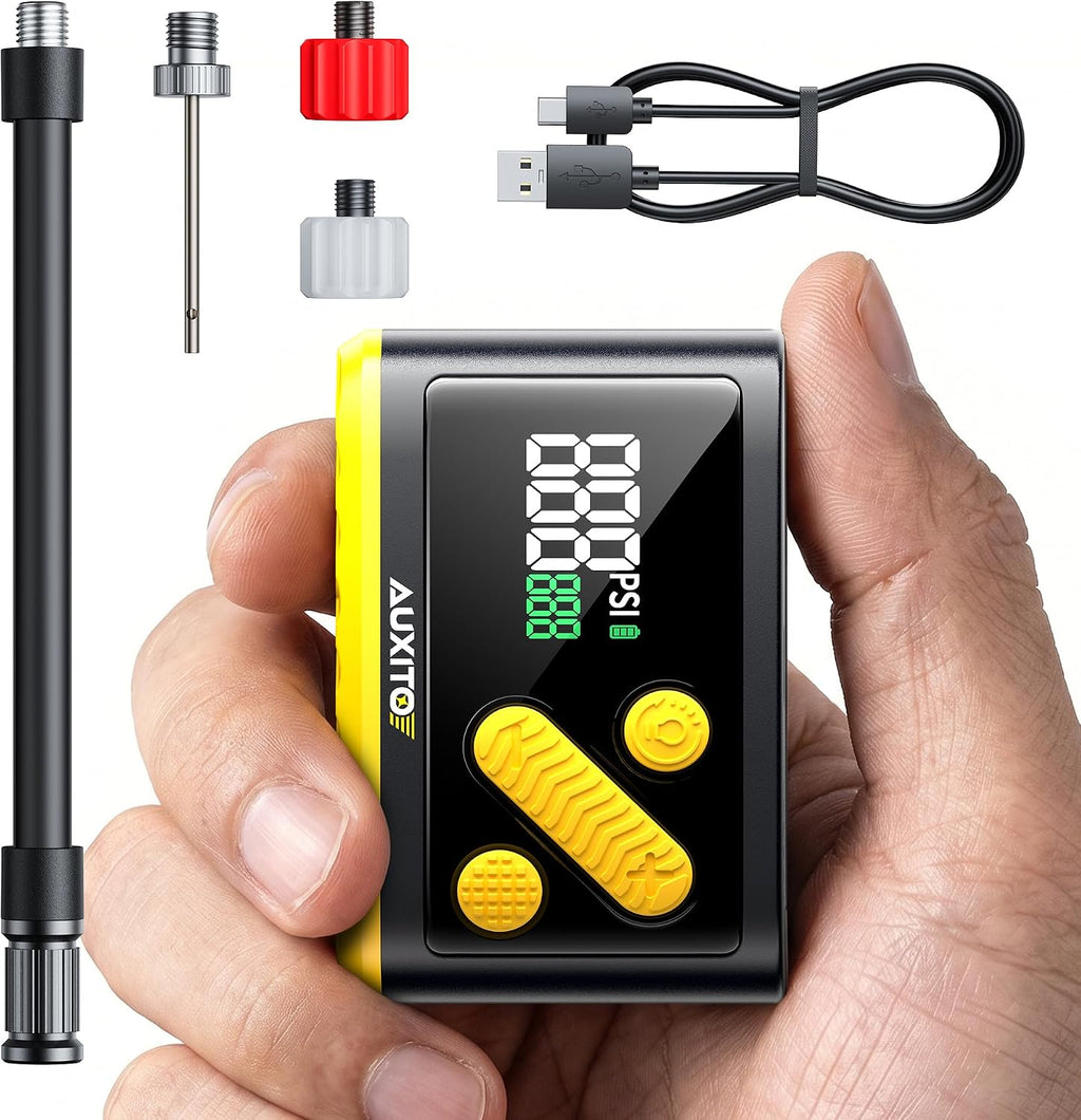 AUXITO Electric Bike Pump 20s Fast Inflate 120 PSI, Mini Air Pump with Gauge, Auto Stop, Presta and Schrader Valve, Portable Bike Pump for Motorcycle, Mountain Bike, Road Bike, E-Bike, Sports Ball