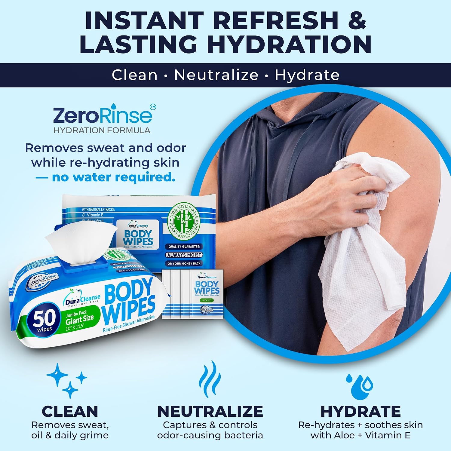 XL Body Wipes for Adults Bathing No Rinse - Shower Wipes & Bath - 50 Ct + 4