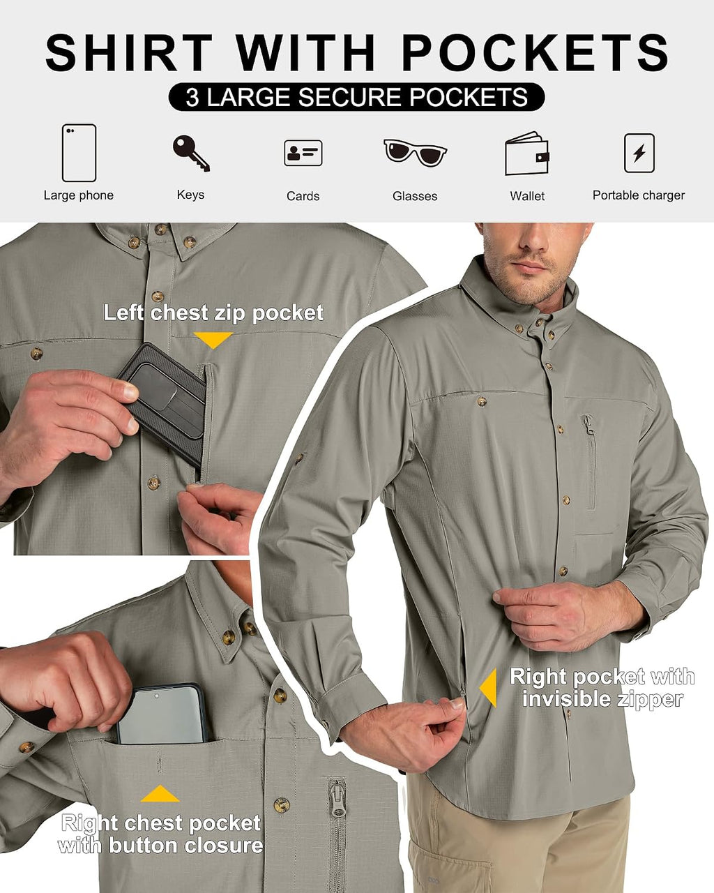 33,000ft Men's UPF 50+ UV Protection Long Sleeve Hiking Shirts Breathable Quick Dry Fishing Shirts for Safari, Outdoor