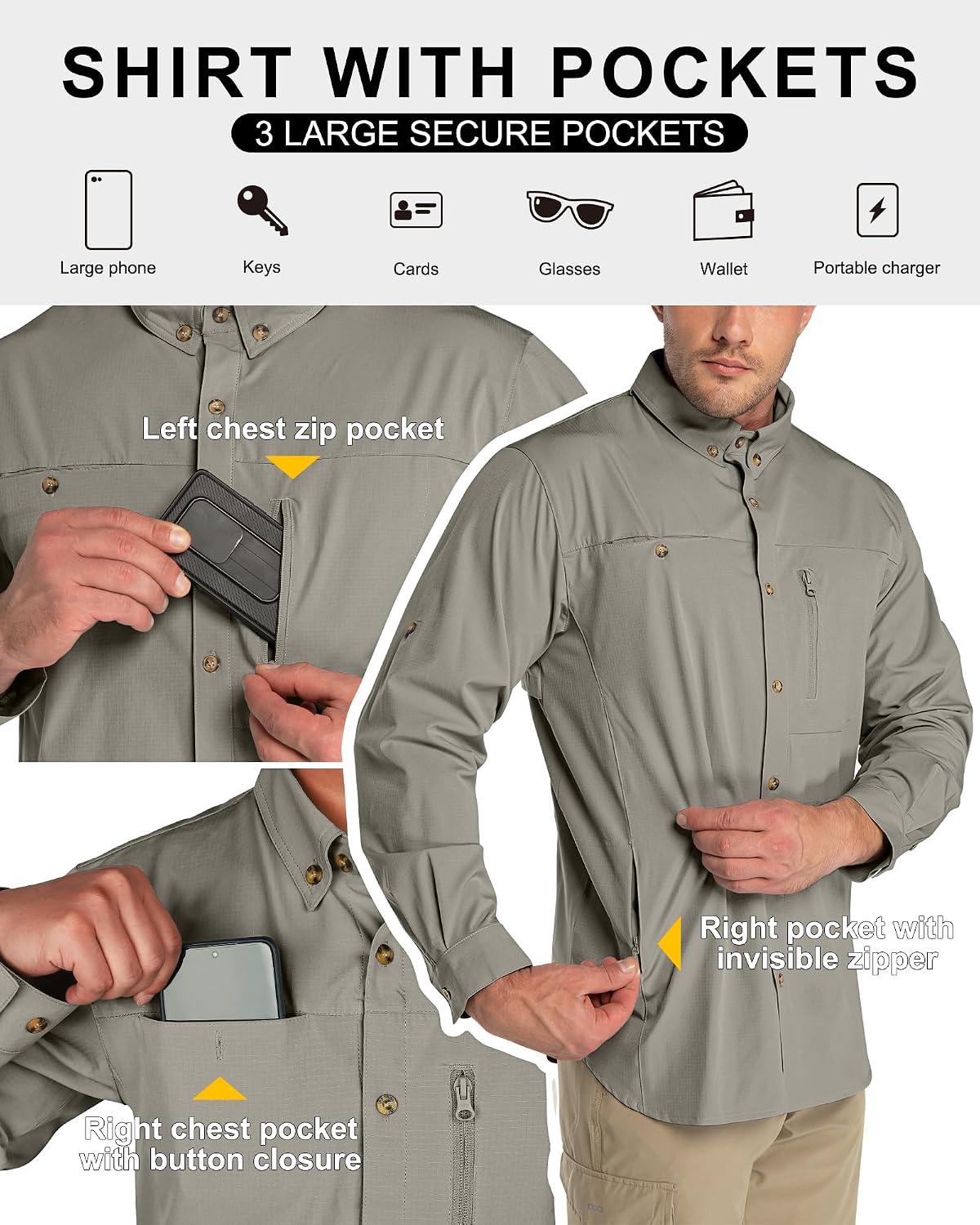 33,000ft Men's UPF 50+ UV Protection Long Sleeve Hiking Shirts Breathable Quick Dry Fishing Shirts for Safari, Outdoor