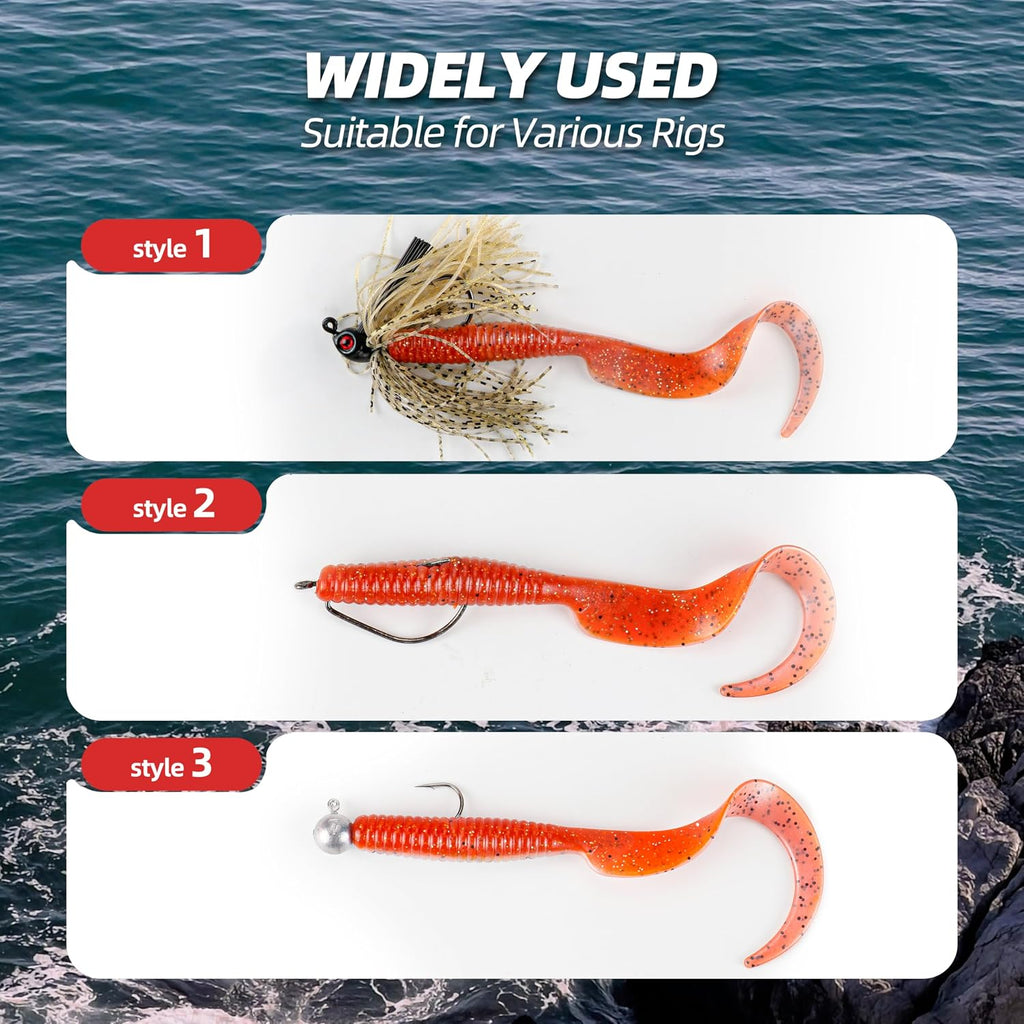 Curly Style Tail Worms Fishing Lures – Realistic Wavy Tail Soft Bait Grub Swimbaits for Saltwater & Freshwater Fishing, Available in 4 Inch & 6 Inch, Perfect for Bass, Trout, Crappie, & More