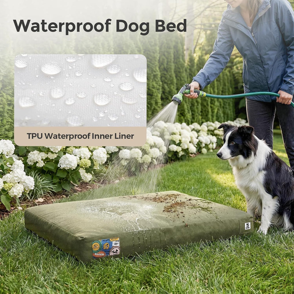 Sytopia 42-Inch Waterproof Outdoor Dog Bed for Large Dogs, Heavy Duty Orthopedic Egg Crate Foam Pet Bed with Durable Fabric and Removable Washable Cover for Patio, Camping and Travel, Green