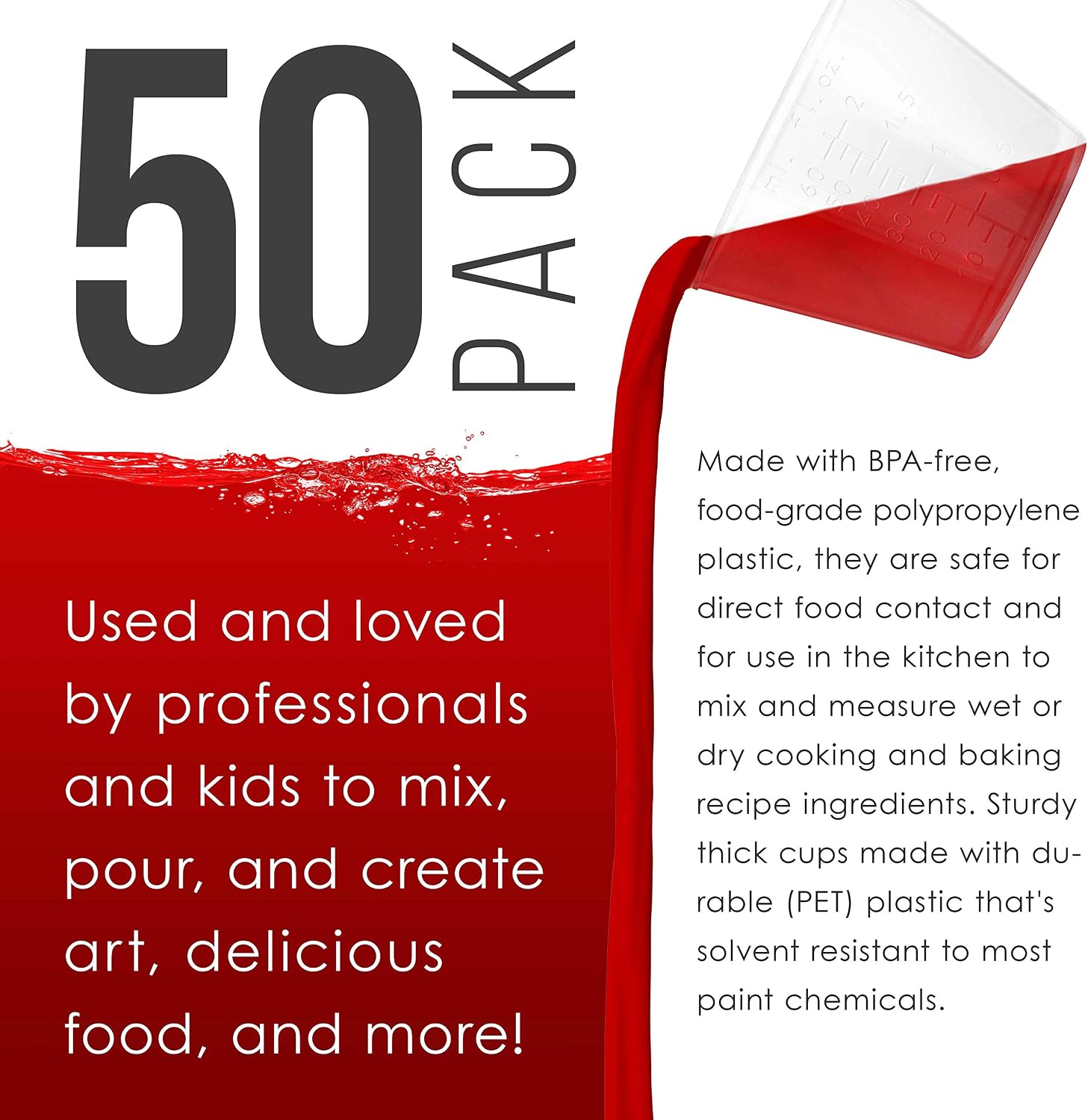 Pouring Masters 2 Oz (60 ml) Liquid Measuring Cups, 50 Pack with 25 Sticks