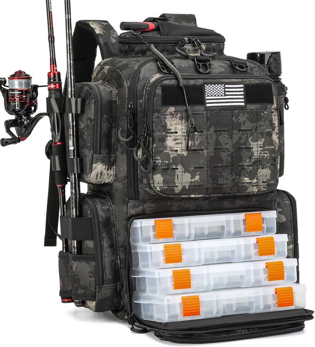 Tactical Fishing Backpack with 4 Tackle Boxes, Rod Holders & Bottle Holder