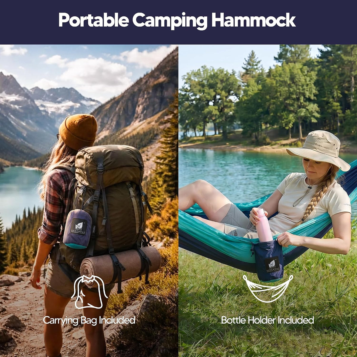 SUNCREAT Camping Hammock, Portable Hammocks with Tree Straps & Carrying Bag, Camping Essentials Gear, Dark Blue