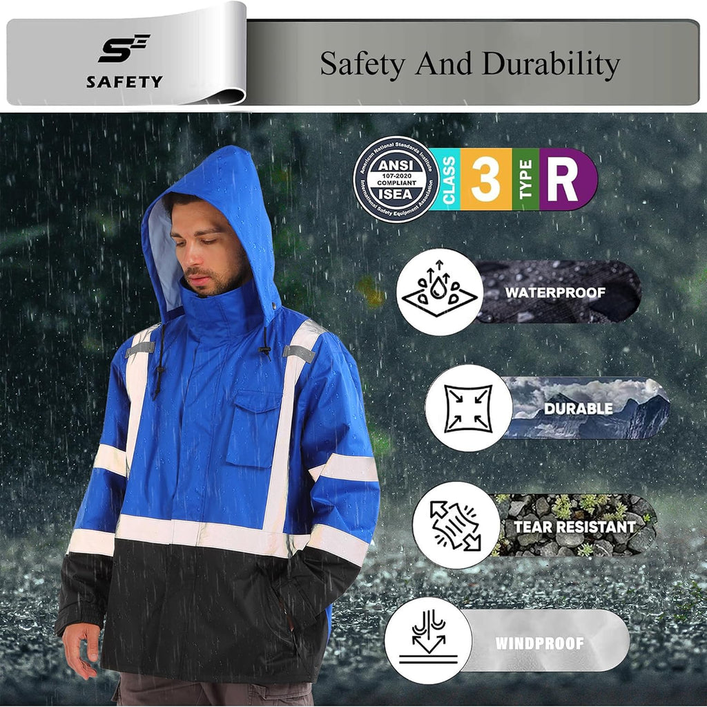 sesafety Hi Vis Rain Jacket, Rain Suits for Men Waterproof withBlack Bottom