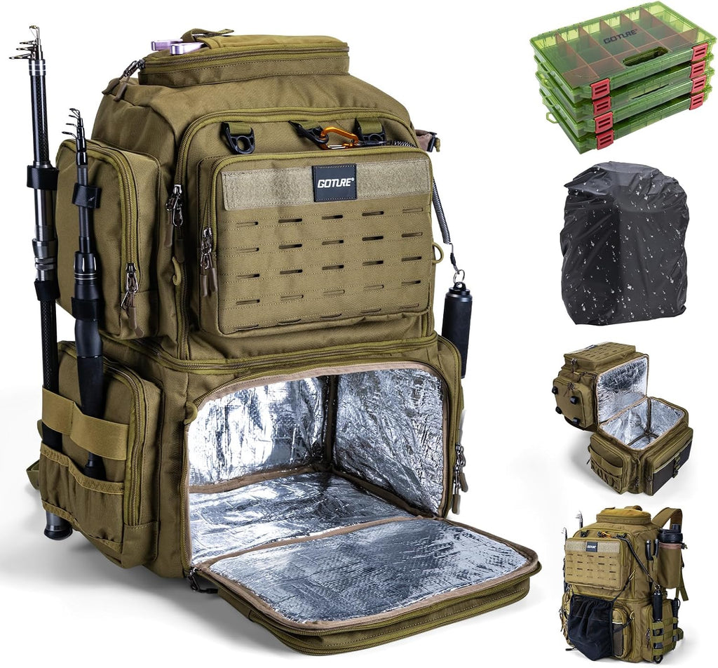 Goture Fishing Backpack with Cooler, 2 3600 Tackle Boxes,2 Rod Holders