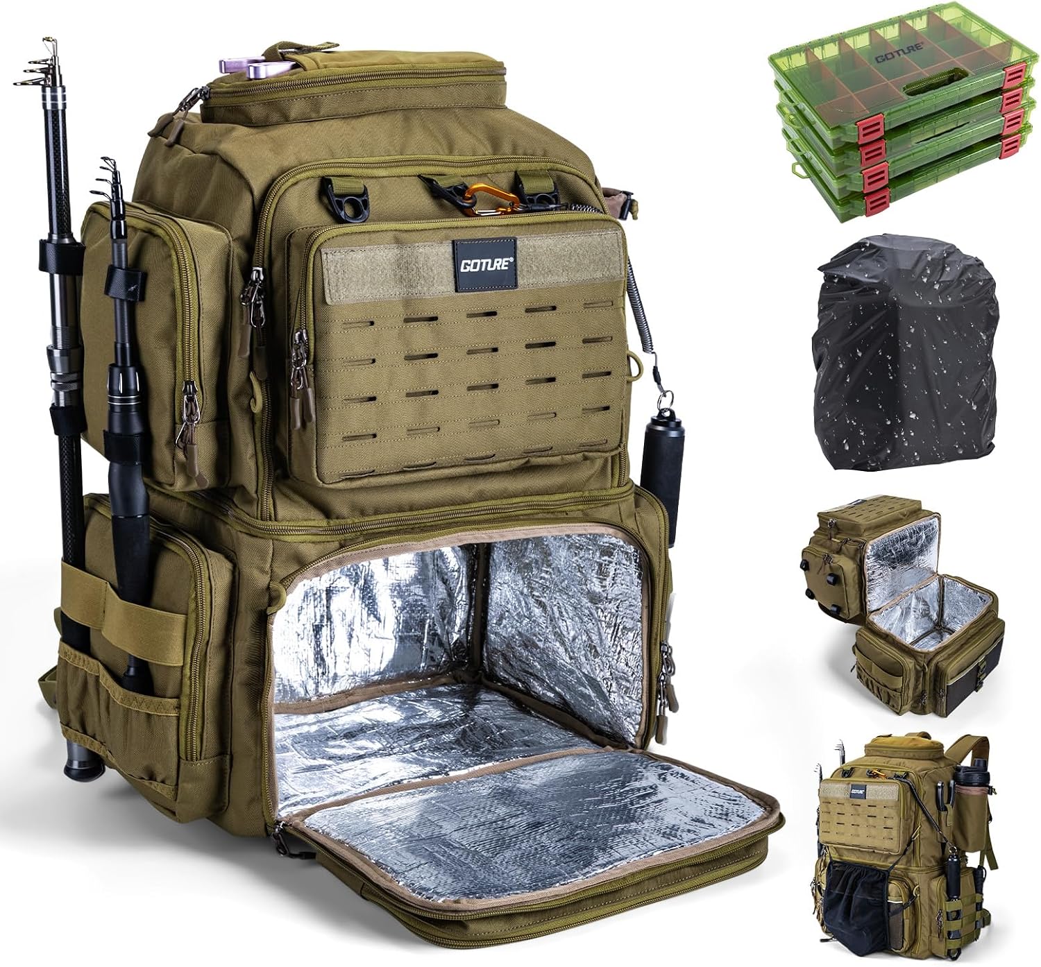 Goture Fishing Backpack with Cooler, 2 3600 Tackle Boxes,2 Rod Holders