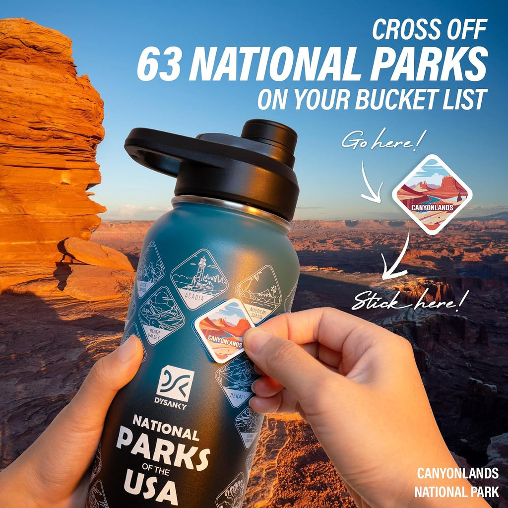 DYSANKY National Parks Water Bottle – 32 oz Insulated Stainless Steel Bottle with 63 Hand-Drawn Park Stickers, Carrier Bag, Strap & Gift Box – BPA-Free – Ideal for Hiking, Camping & Travel