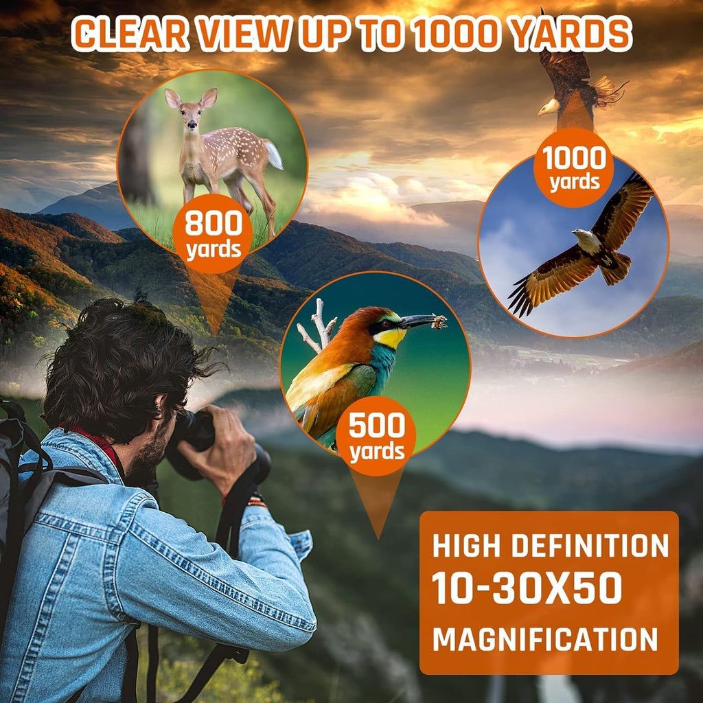 10-30x50 Zoom Binoculars for Adults High Powered