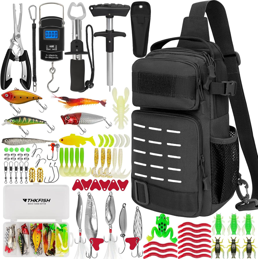 THKFISH 85Pcs Fishing Tool Kit, Fishing Backpack with Tackle Boxes Included, Fishing Tackle Kit Include Fishing Bait Lure Gear Kit, Fishing Pliers, Fish Hook Remover, Lip Gripper