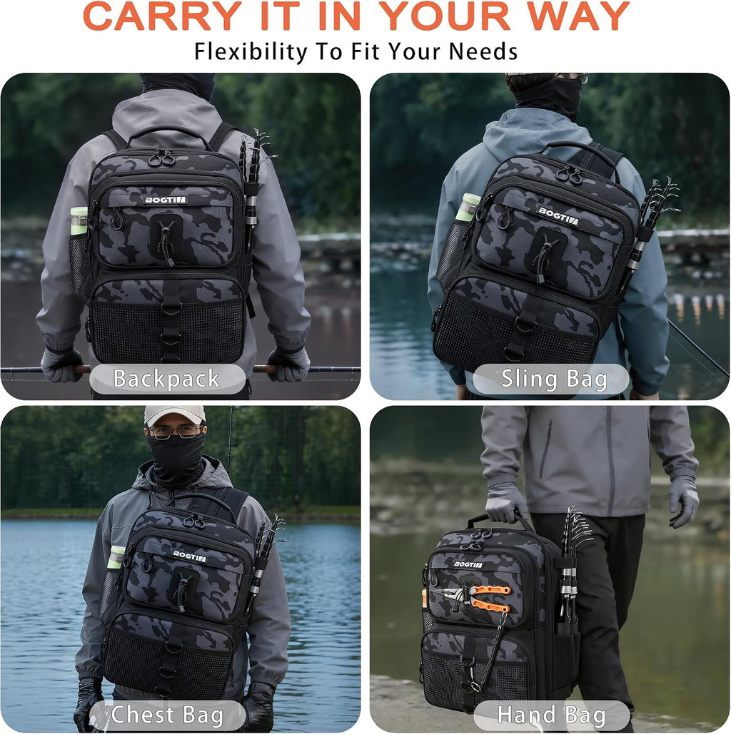 Fishing Backpack with Fish Rod & Lures Kit Lightweight 25L Tackle Bag with Fishing Gear and Tackle Boxes, Fish Gifts for Men Woman-Black Camo Backpack