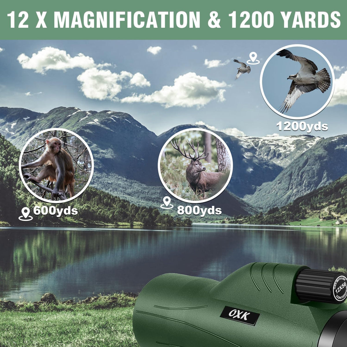 12x56 High Power Monocular Telescope with Tripod Bag, Handheld Monoculars for Adults with BAK4 Prism & FMC Lens, Suitable for Bird Watching Camping, New-Upgraded BAK4 - Hunter Green