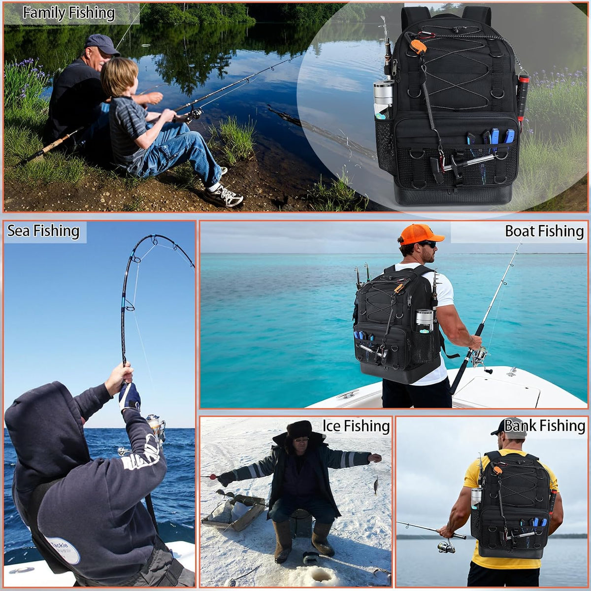 Fishing Backpack with 4 Tackle Boxes, Heavy Duty Fishing Bag with Waterproof Bottom, Tackle Backpack Gifts for Man Woman-Pure Black