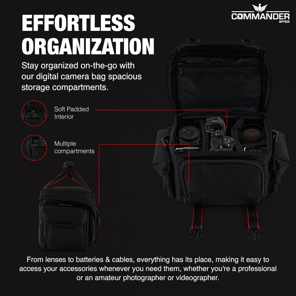 COMMANDER OPTICS Large Camera Bag - Water Resistant, Soft Padded, Spacious Travel Bag for Canon EOS, Nikon, Sony & More DSLR Cameras/Camcorders Ample Storage and Protection for Your Equipment (Large)