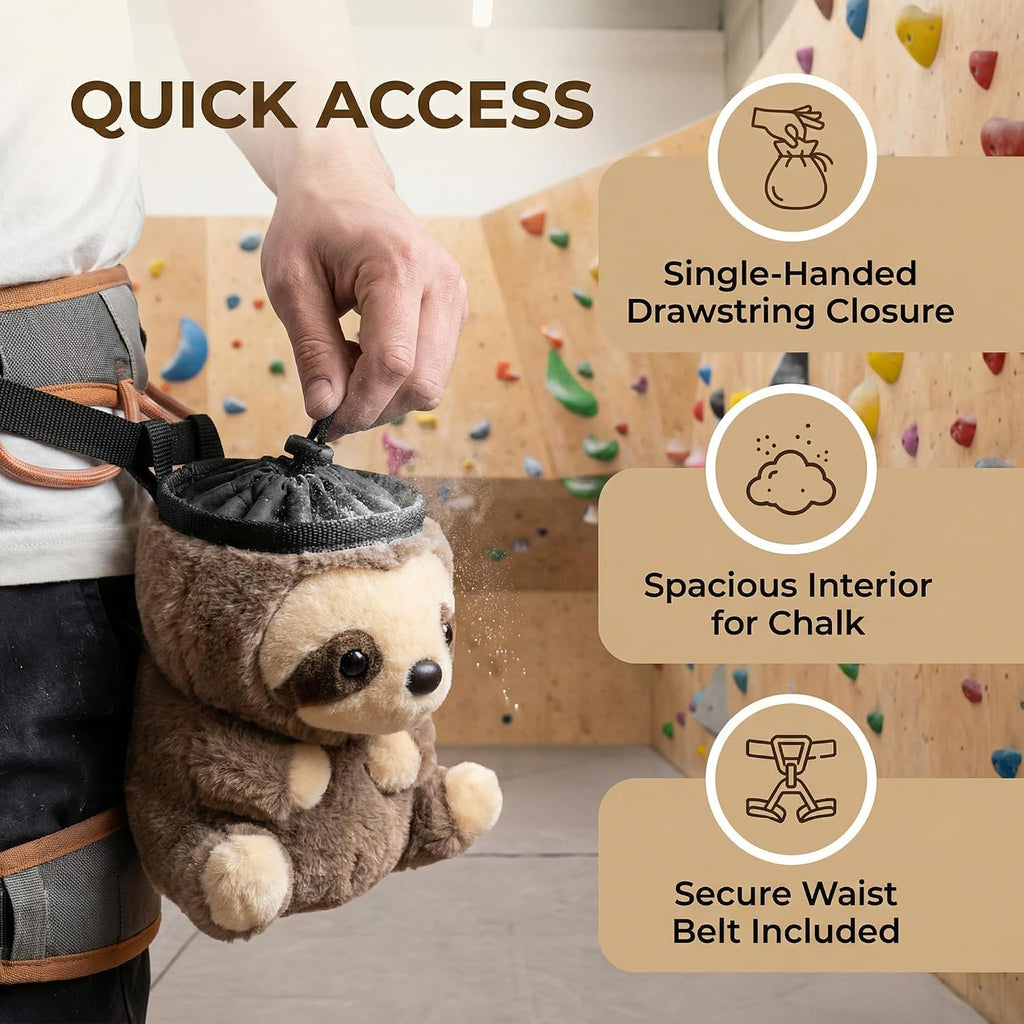 Sloth Rock Climbing Chalk Bag, Fun Plush Animal Chalk Pouch with Drawstring, Adjustable Waist Belt for Indoor Outdoor Bouldering Sport Climbing