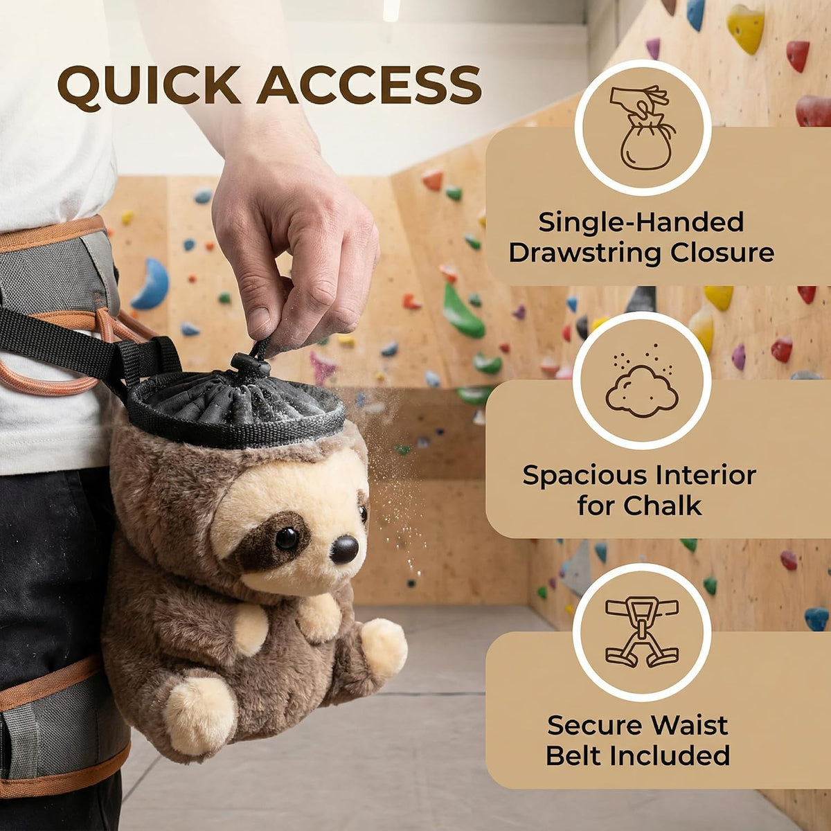 Sloth Rock Climbing Chalk Bag, Fun Plush Animal Chalk Pouch with Drawstring, Adjustable Waist Belt for Indoor Outdoor Bouldering Sport Climbing