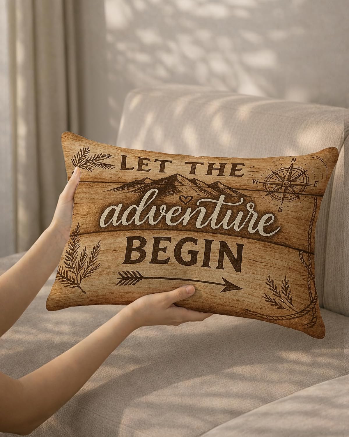 Rustic Camping Pillow Cover 12x20, Gift for Camper and Travel Lovers, Let The Adventure Begin Decorative Throw Pillow Cover Pillowcase for RV Campsite Tent Trailer Cabin Lake House