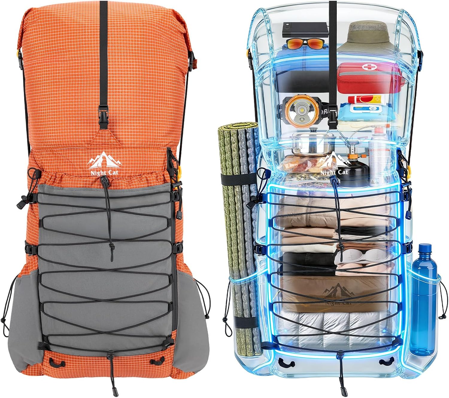 Night Cat Internal-frame Hiking Backpcack: 50L / 60L / 70L Roll Top Lightweight Travel Backpack with Rain Cover for Men Women Hiking Camping Backcpacking Orange Red