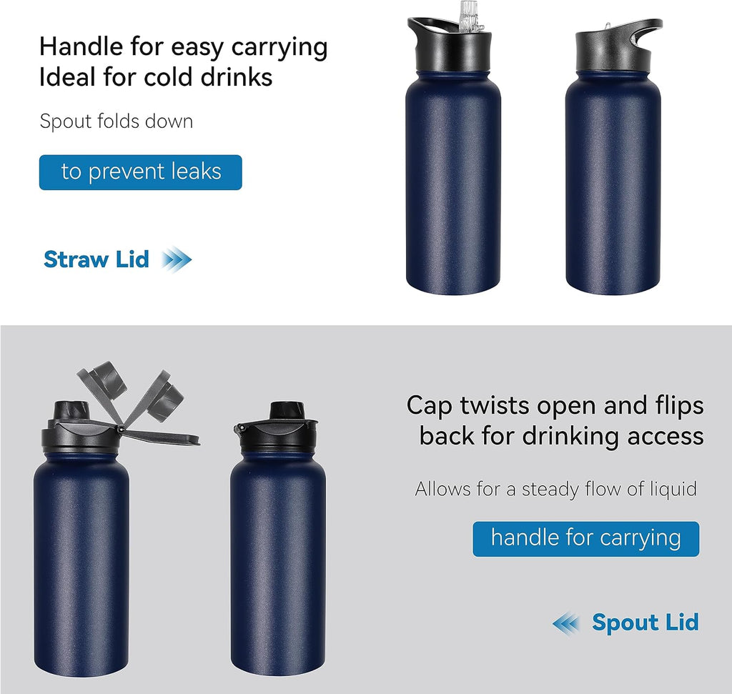VEGOND 32 oz Insulated Water Bottle Bulk Stainless Steel Metal Water Bottles with Leak Proof Straw Lid & Spout Lid, Wide Mouth Double Walled Vacuum Travel Sports Bottle, 8 Pack