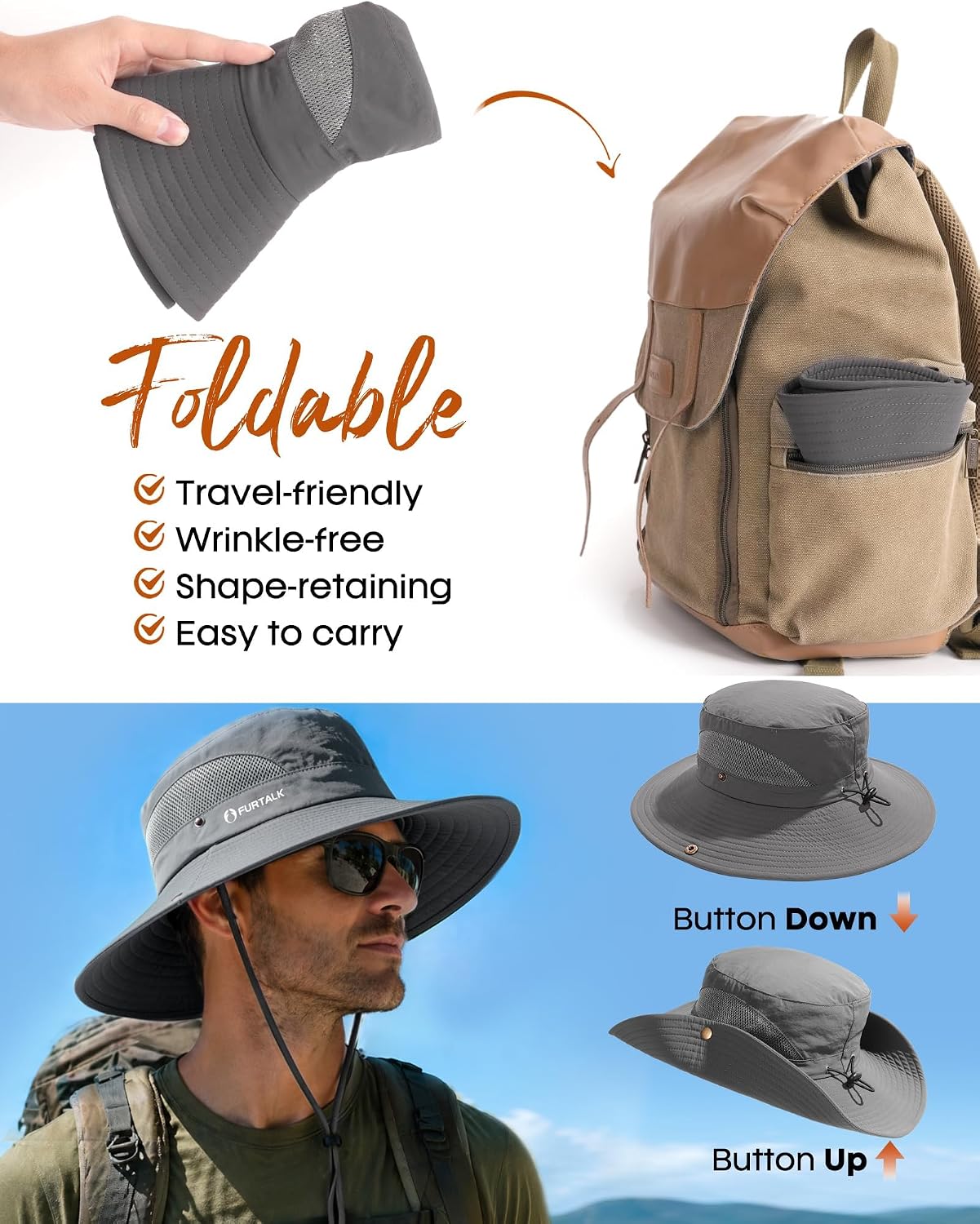 FURTALK Mens Bucket Sun Hat UPF Protection Wide Brim Breathable Fishing Hat