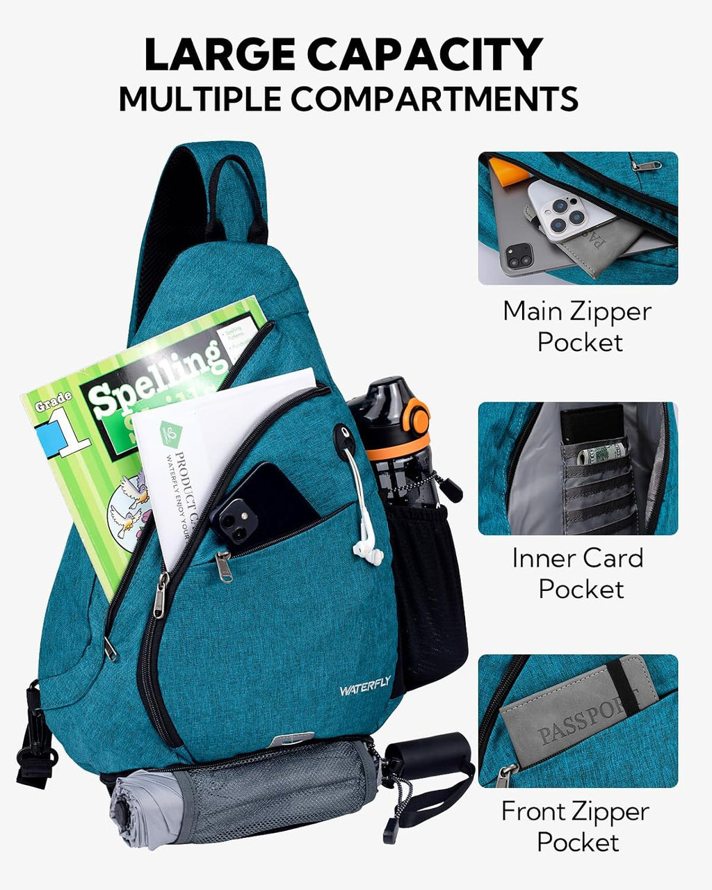 WATERFLY Large Sling Bag Crossbody Backpack Chest Pack for Men Women