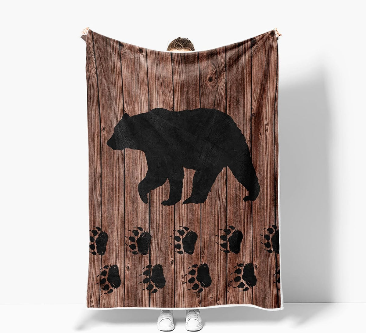 Torich Cabin Bear Throw Blankets, Rustic Lodge Brown Wooden Country Hunting Wild Animal Cozy Warm Bed Couch Blanket, White Fleece Flannel Throws to Decorate The Room and Bedroom Travel