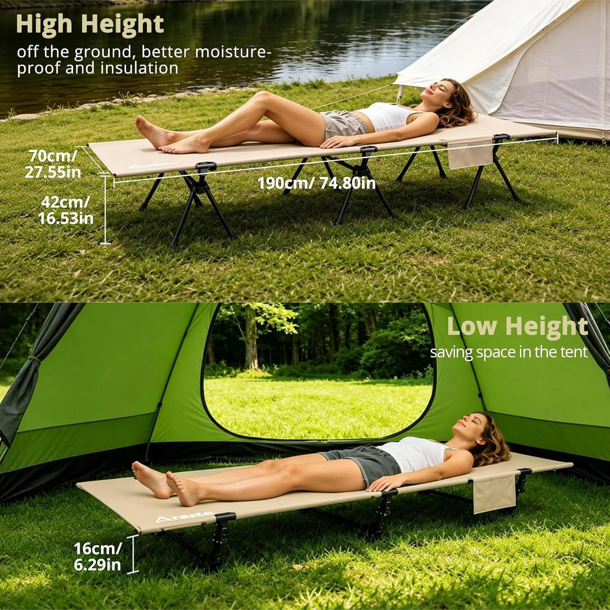 Anbte Height Adjustable Camping Cot, 400 lb Capacity, Portable for 1 Person