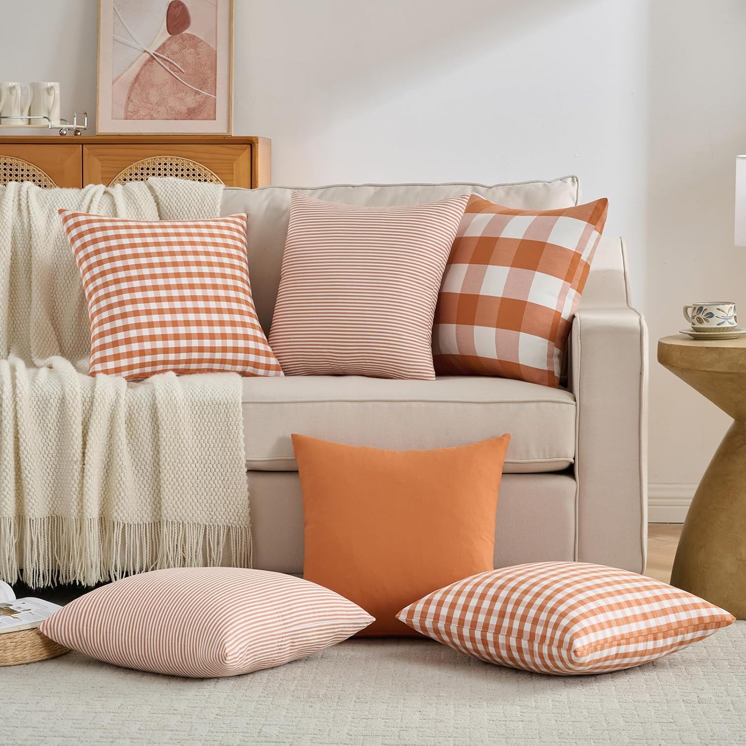 Burnt Orange Fall Plaid Outdoor Porch Pillow Covers 18x18 Set of 4 | Thanksgiving Autumn Pillow Covers 18 x 18, Cojines De Otoño Para Sala, Aesthetic Fall Room Decor, Fall Patio Outdoor Pillow