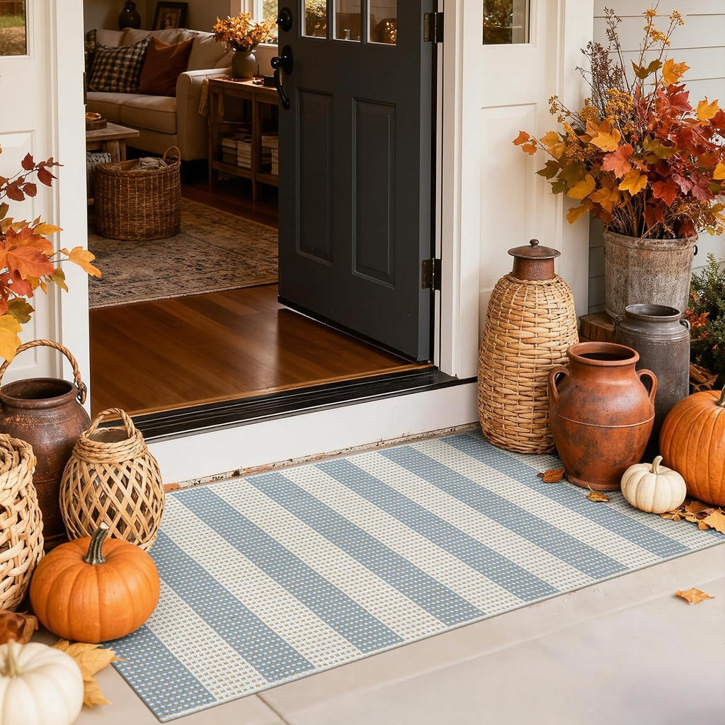 Boho Striped Fall Outdoor Front Door Mat 2'x4.3' Blue and Cream Rug