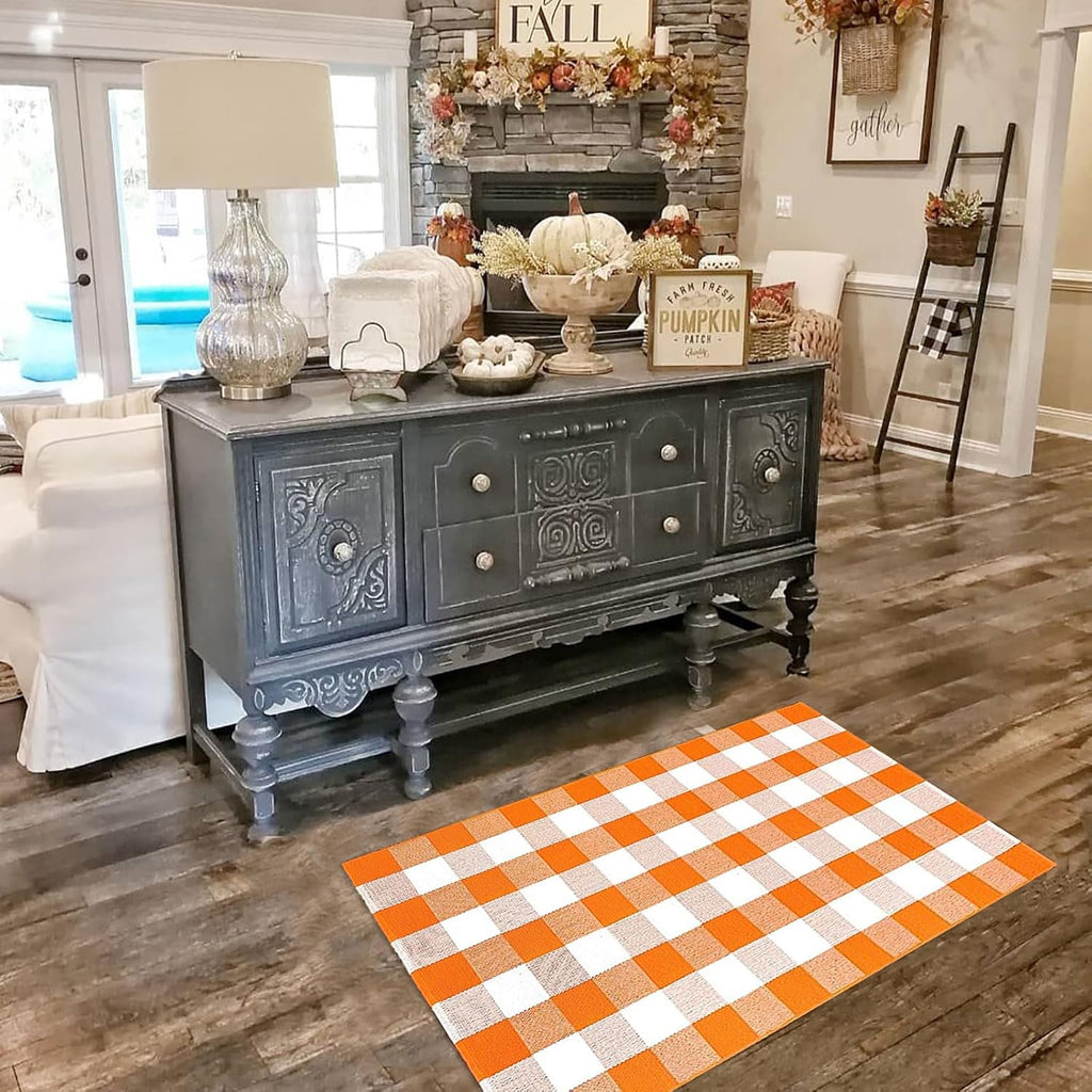 Fall Outdoor Rug Orange Buffalo Plaid Outdoor Rug Cotton Hand-Woven Buffalo Check Rug Layered Doormats for Front Door/Front Porch/Farmhouse/Entryway/Patio(Orange and White Plaid, 3' x 5')